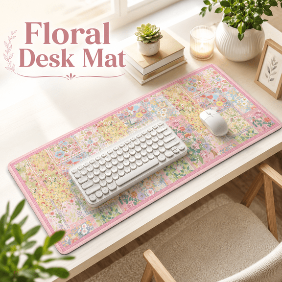 MORAVE Floral Pink Desk Mat for Keyboard and Mouse, XXL Large Anti-Slip Big Mousepad with Stitched Edges for Computer Use