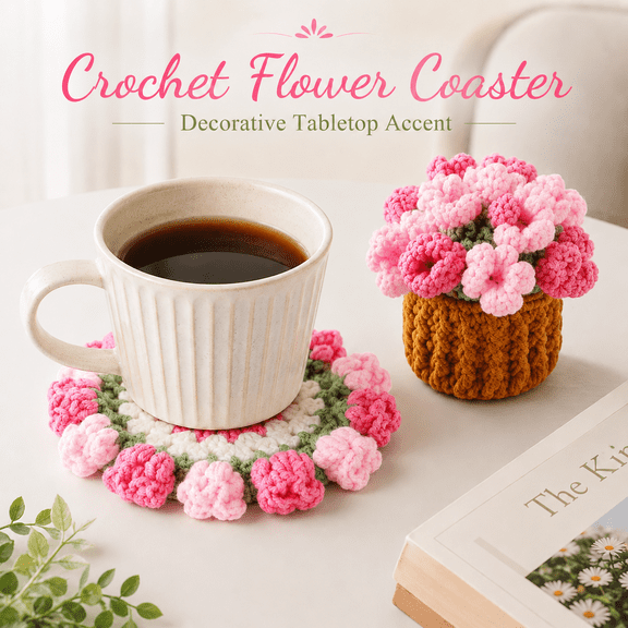 MORAVE Handmade Yarn Crochet Flower Drink Coaster, 3D Bouquet Plant Pot Design for Coffee Table and Home Decor