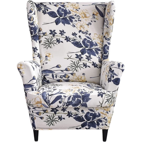 MORAVE Flower Field Wingback Chair Slipcover, 2-Piece Stretch Fabric with Separate Cushion, Washable Elastic Furniture Protector for Living Room