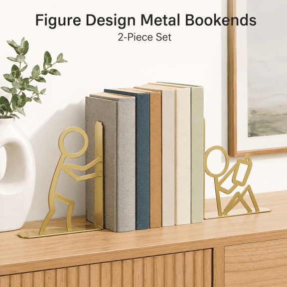 MORAVE Gold Metal Unique Cute Decorative Bookends, Desk Bookshelf Reading Decor for Office School Library Bedroom, Book Lovers Gift