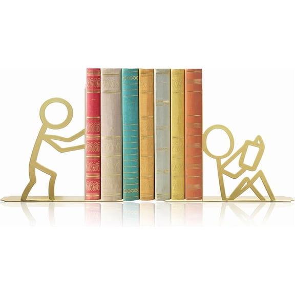MORAVE Gold Metal Unique Cute Decorative Bookends, Desk Bookshelf Reading Decor for Office School Library Bedroom, Book Lovers Gift
