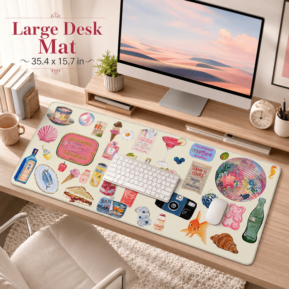 MORAVE Large Office Desk Mat for Keyboard and Mouse, Anti-Slip Desk Pad Big Mousepad with Stitched Edges, Watercolor Stickers Design Computer Desktop Cover Protector