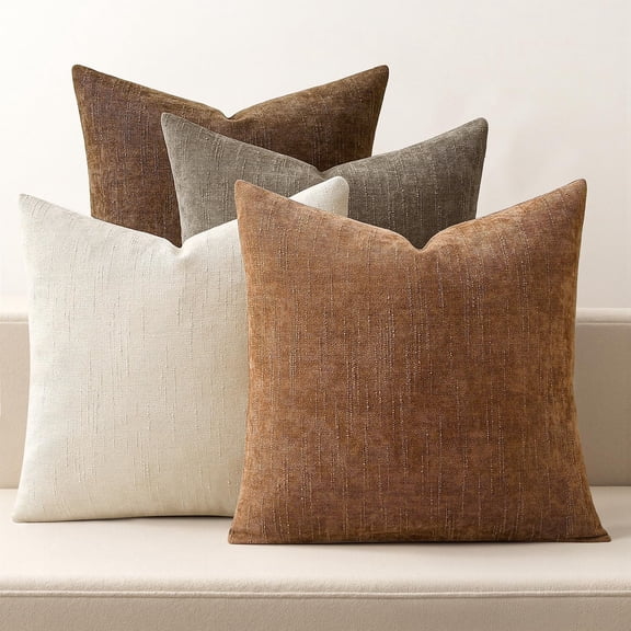 MORAVE Pack of 4 18x18 Inch Brown Chenille Textured Decorative Throw Pillow Covers, Boho Farmhouse Rustic Cushion Covers for Vintage Modern Home Decor, Couch Sofa Bed Living Room