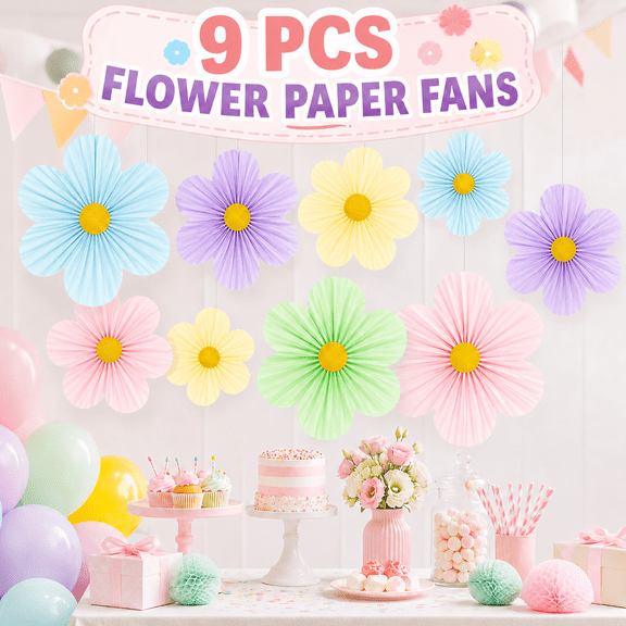 MORAVE Pack of 9 Colorful Pastel Paper Fans & Paper Flowers Decorations, perfect for wall decor, classroom ornament and floral backdrop party decoration