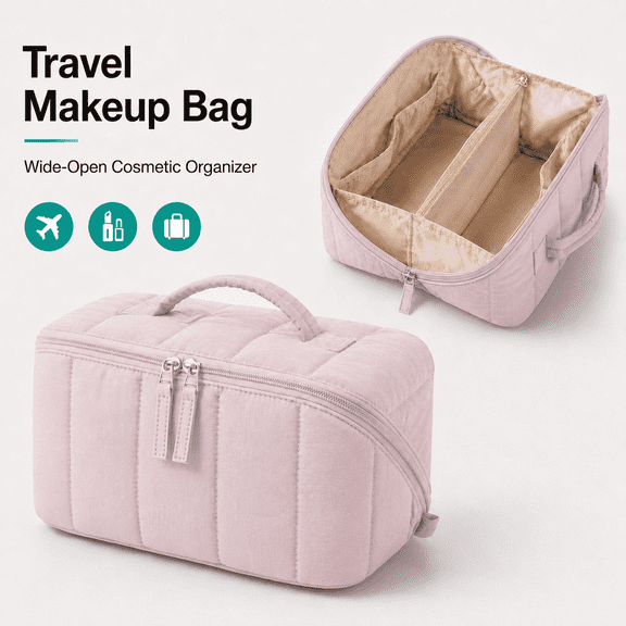 MEYRKLOE Travel Makeup Bag for Women, Open Flat Quilted Cosmetic Organizer with Wipeable Brush Pocket and Handle, Water-Resistant Toiletry Bag, Pink