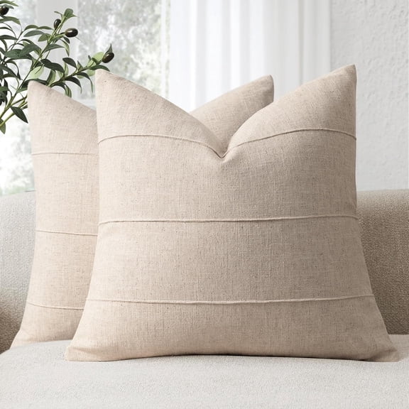 MORAVE Set of 2 Decorative Linen Throw Pillow Covers 18x18, Solid Handcrafted Striped Cushion Covers, Soft Modern Farmhouse Neutral Pillowcase for Bed Couch Bedroom Living Room Home Decor