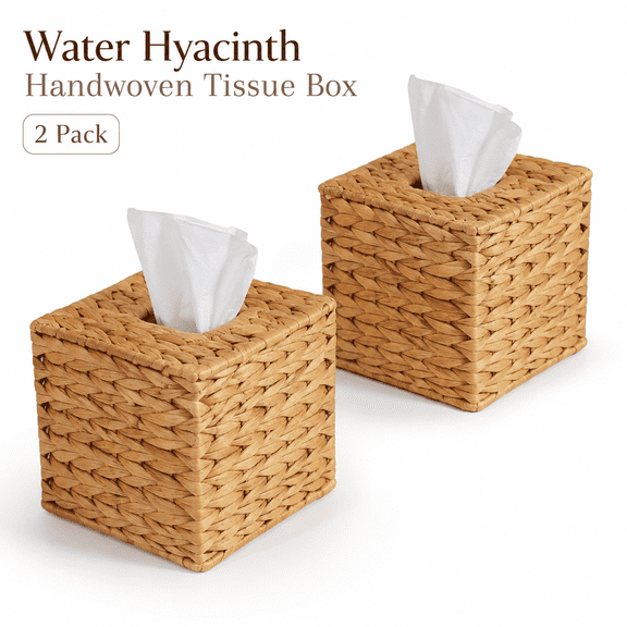 MORAVE Set of 2 Natural Water Hyacinth Handwoven Wicker Tissue Box Cover, Handmade Handcrafted Square Facial Tissue Box Holder, Boho Rustic Decorative for Table, Bathroom and Office