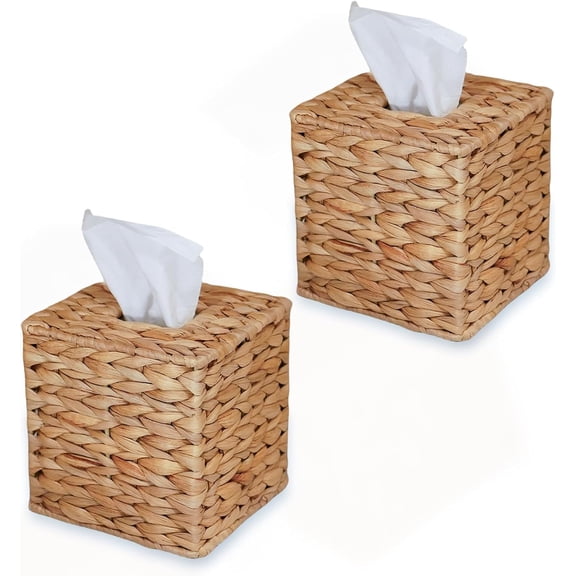 MORAVE Set of 2 Natural Water Hyacinth Handwoven Wicker Tissue Box Cover, Handmade Handcrafted Square Facial Tissue Box Holder, Boho Rustic Decorative for Table, Bathroom and Office