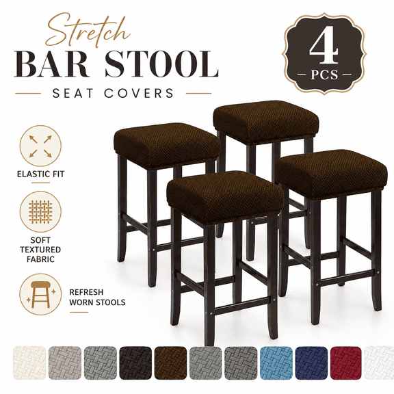 MORAVE Dark Coffee 4pcs Stretch Rectangle Saddle Seat Cover, Washable Soft Fabric Protector for Bar Counter Vanity Stool, Home Kitchen Dining Use