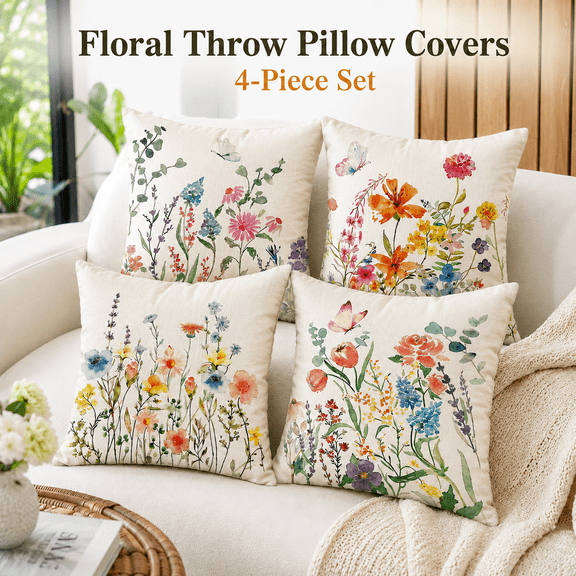 MORAVE Set of 4 Floral Butterfly Summer Throw Pillow Covers 1818Inch, Seasonal Flower Cushion Cases for Couch Patio Spring Home Decor