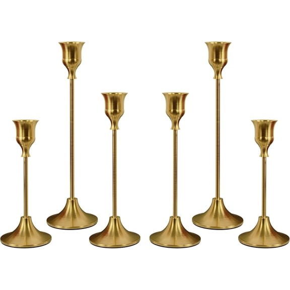 MORAVE Set of 6 Brass Gold Vintage Metal Taper Candle Holders, Decorative Candlestick Centerpieces for Table Mantel Home & Festive Decorations