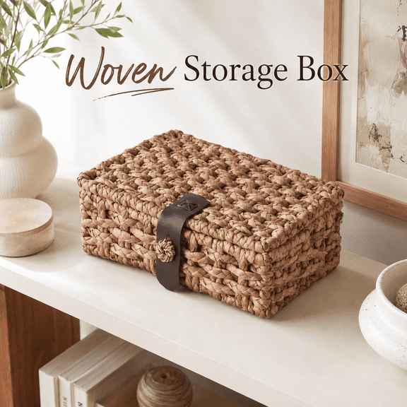MORAVE Small Water Hyacinth Woven Decorative Box with Lid, Wicker Storage Basket for Shelf Coffee Table Console Table Home Decor