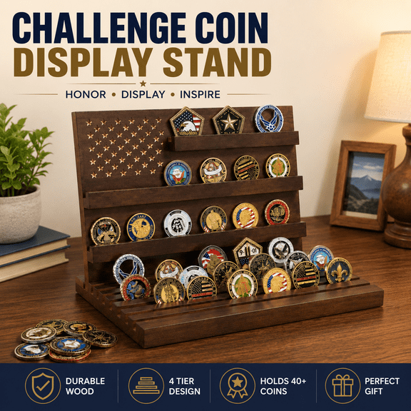 MORAVE Solid Wood Challenge Coin Display Slotted Stands, Military Coin Holder Display Rack Large Capacity for 80 Coins, Desk Tabletop Decorative Stands for Army Coin Collection 8 Raw