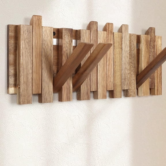 MORAVE Staggered Style 16.5inch Rustic Wooden Folding Wall Coat Rack, 8 Hooks Decorative Piano Hanger for Farmhouse Hallway Bathroom Towel Backpack Jacket