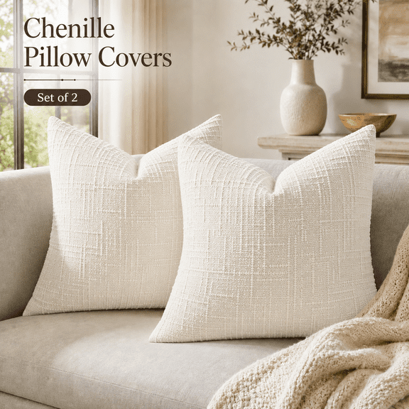 MORAVE Summer Cream White Chenille 20x20 Throw Pillow Covers Set of 2, Textured Soft Cozy Slubby Couch Pillow Covers, Modern Farmhouse Boho Decorative Pillow Cases for Bed Sofa Living Room