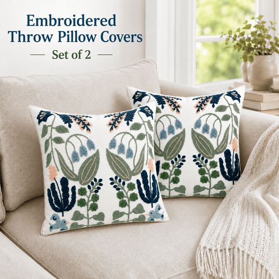 MORAVE Summer Floral Embroidered Decorative Throw Pillow Covers, Set of 2 18"x18" Cotton Cushion Cases, Farmhouse Navy Blue Flowers Green Leaves Tufted Pattern, ideal for Couch Bed Living Room Decor