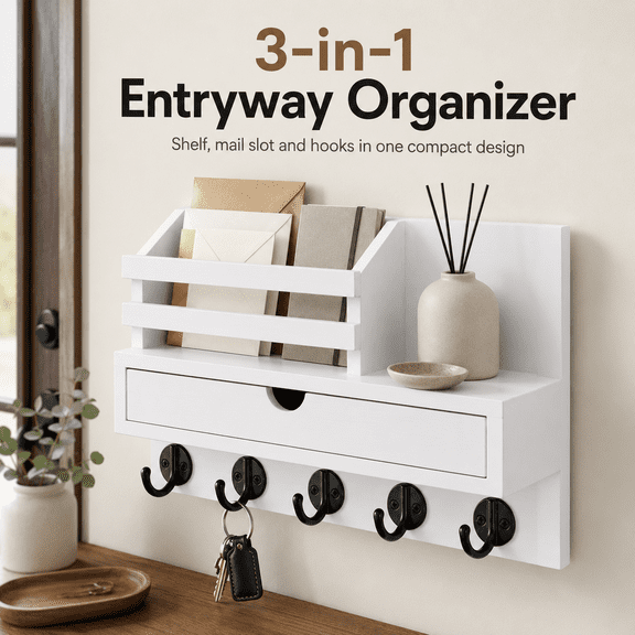 MORAVE Wall Mount Key Holder Mail Holder with 5 Key Hooks and Storage Drawer, Entry Way Organizer Home Decor Rack for Coat Dog Leash House Accessories