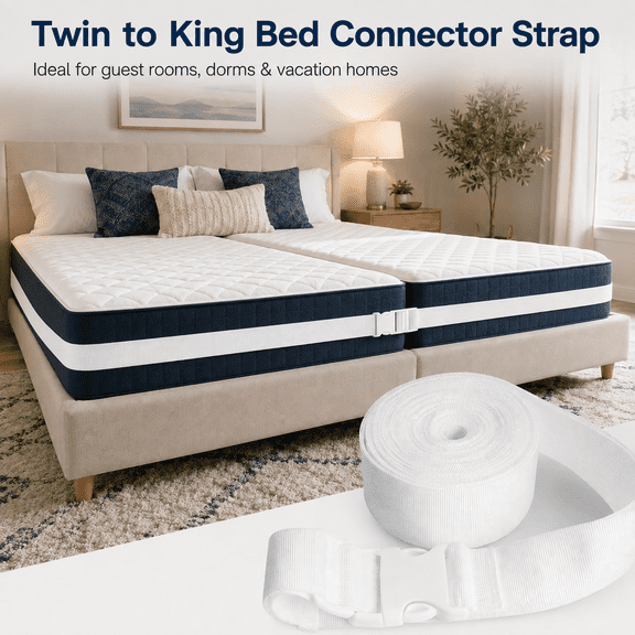 MORAVE White 33Ft Adjustable Twin to King Mattress Connector Straps with Buckle, Bed Conversion Belt for Joining Two Twin Beds into King Size