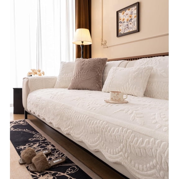 MORAVE White Fuzzy Rabbit Plush Sofa Couch Cover, 3D Jacquard Leaf Pattern Shaggy Sofa Slipcover, Cozy Warm Non-Slip Easy-to-Install Furniture Protector Perfect for Kids Dogs Cats (White,36"x70")