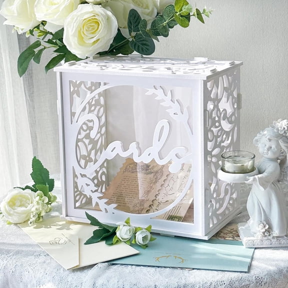 MORAVE White Wedding Card Box for Receptions, PVC Gift Card Box with Acrylic Windows, Rustic Envelope Money Gift Box suitable for Anniversary, Bridal, Graduation and Birthday Party