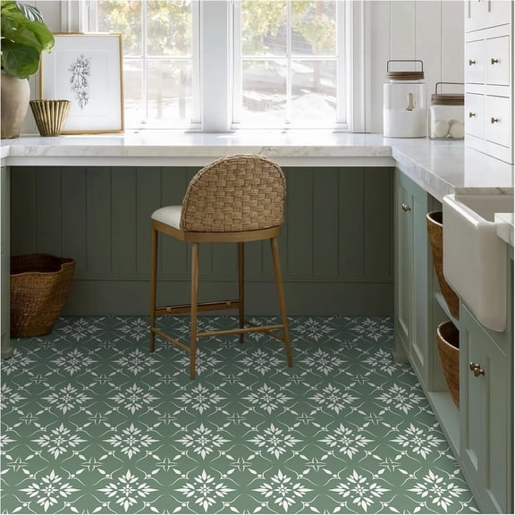 MORCART Peel and Stick Floor Tile - 20 PCS, 7.87" x 7.87" Vinyl Flooring - Waterproof Self-Adhesive Tile Sticker for Wall Backsplashes, Bathroom, Kitchen - Green Floral Look
