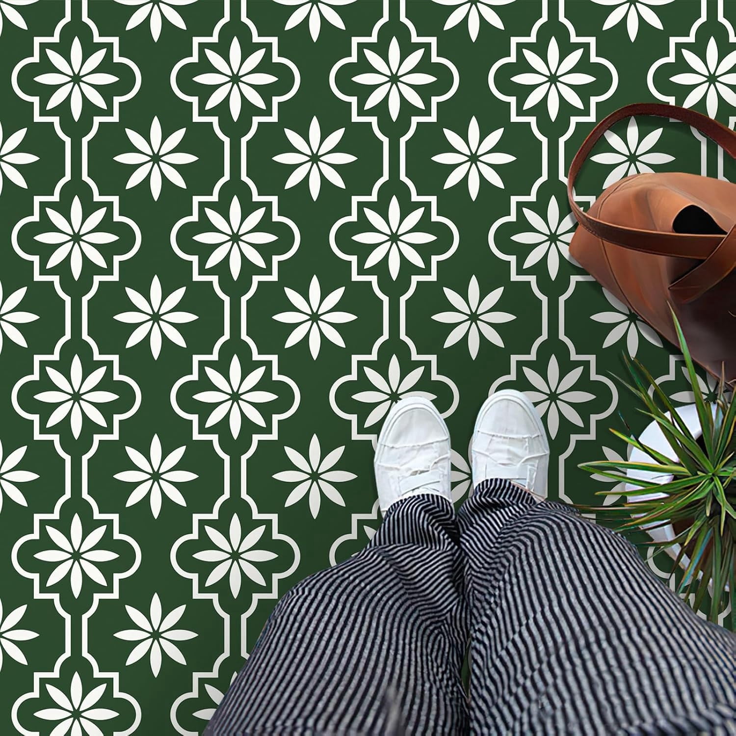 MORCART Peel and Stick Floor Tile, Vinyl Flooring Waterproof, DIY Flooring for Bathroom, Kitchen, Fireplace, Pet House, Stairs, Bedrooms, Wall (20PCS,7.87" x 7.87",Dark green+white)