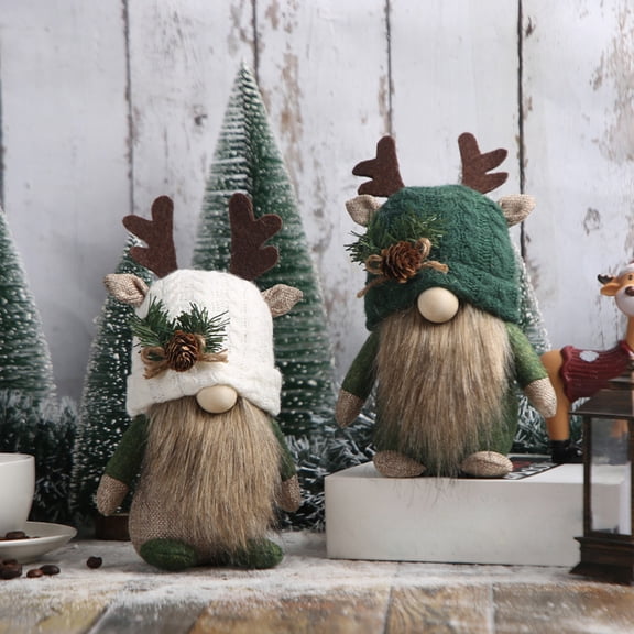 MORESEC 2Pcs Deer Horn Knitted Faceless Gnome Doll, Forest Theme Window Decoration Figurine, Christmas Gnome with Antlers, Farmhouse Table Ornament, Holiday Decor Accent
