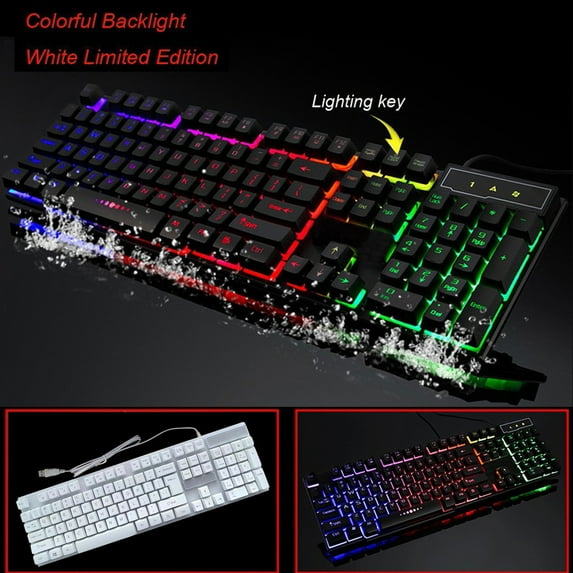 MORESEC under $5 1Pcs Gaming Keyboard, Colorful LED Backlit USB Wired Gaming Keyboard,Crack RGB Illuminated Mechanical Feel Keyboard,104 Keys Multimedia PC Desktop Keyboard
