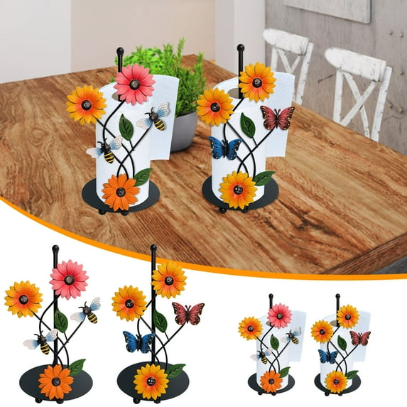 MORESEC under $5 2Pcs Iron Sunflower Paper Towel Holder,Kitchen Decoration Accessory, Vertical Paper Towel Storage Roll with Painted Butterfly, Wrought Iron Sunflower Design for Living Room