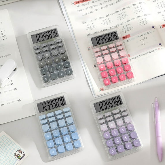 MORESEC under $5 4Pcs Transparent Calculator, Transparent Gradient Calculator with 8-Digit LCD Display, Mini Portable Calculator for Finance and Office, Round Keys, Clear Design, Anti-Slip Pad
