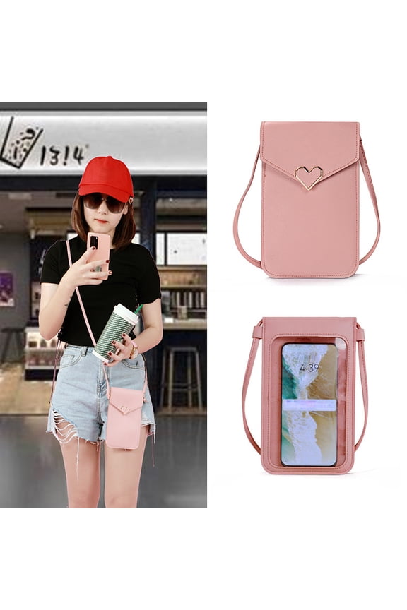 under $5 8Pcs Touchscreen Phone Bag,Mini Leather Crossbody Bag for Women with Clear Touchscreen Window, Credit Card Slots Shoulder Purse Wallet for Smartphones