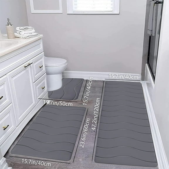 MORESEC under $5 Bathroom Rugs, Large Bath Mat 3 Piece Set Extra Wide Toilet Rug, Water Absorbent Non Slip Floor Carpet, Thick Foam Backing Machine Washable, Modern Wave Design Bathroom Decor