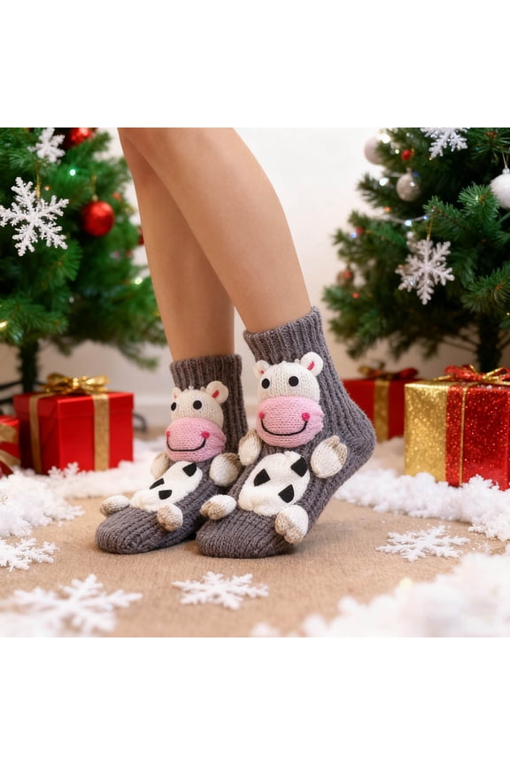 under $5 Cow Print Socks, Cow Print Crochet Knit Socks,Gray White Animal Themed Winter Socks,Cozy Warm Floor Socks Novelty,Cute Gift Socks for WomenGirls,Soft Stretchy Casual Socks