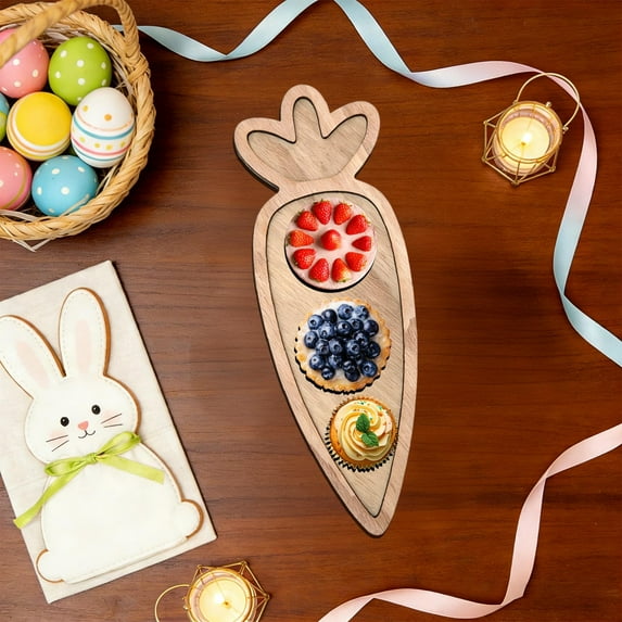 MORESEC under $5 Dessert TrayEaster Themed Wooden Snack Platter with Floral Carrot Egg Rabbit Shapes, Multi Tier Serving Tray for Fruit Desserts Candy Baby Food, Natural Material