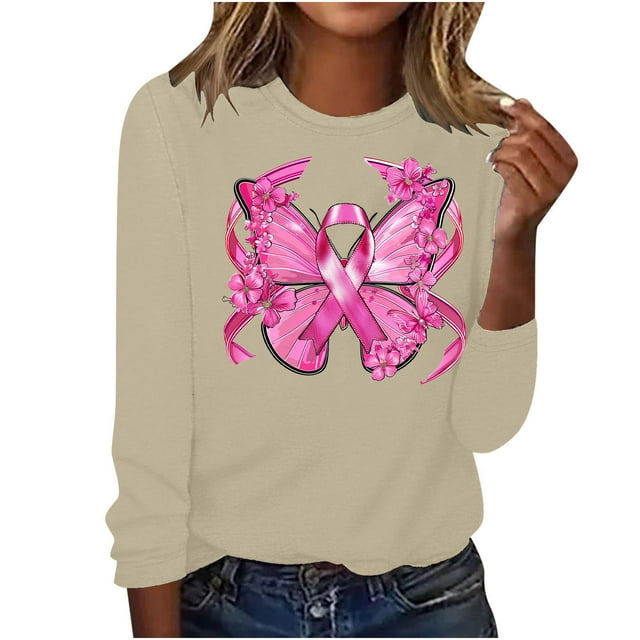 MORESEC Breast Cancer Shirts For Women Loose Fit Dressy for Women Long Sleeve Drop Shoulder Hoodie Pink Ribbon Print Pullover Shirts Tops Graphic Tee Tops Crew Neck Comfy Clothes Modest