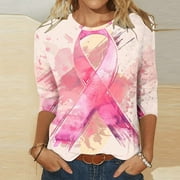 MORESEC Breast Cancer Survivor Gifts For Women Summer Shirts for Women 3/4 Sleeve Loose Fit Dressy Heart Ribbon Print Pullover Shirts Tops Cancer Awareness Tee Tops Comfy Clothes Casual Loose