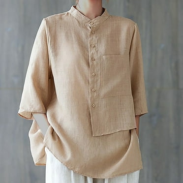 MORESEC Casual Linen Shirts For Women Work Shirts for Women 3/4 Sleeve Oversized Sweatshirt Solid Cotton Shirts Loose Fit Blouse Tops with Pockets Basic Tops Casual Loose