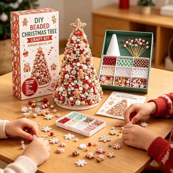 MORESEC Christmas Ornaments DIY Beaded Mini Tree Kit with Gingerbread for Tabletop Holiday Decor for Adults
