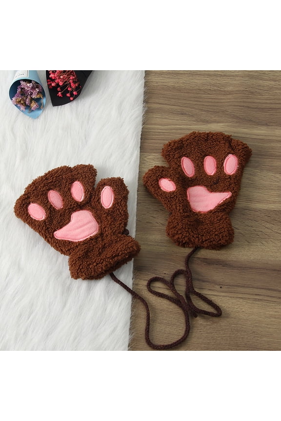 Cute Cat Paw Design Thermal Gloves for Cycling and Outdoor Sports, Soft Lined Windproof Half-Finger Gloves with Ropes, Warm Winter Claw Gloves