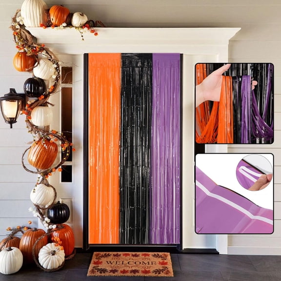 MORESEC Halloween Rain Curtain 2M x 1M Orange Purple Black Self Adhesive Foil Background for Party Wall Decor Photo Booth