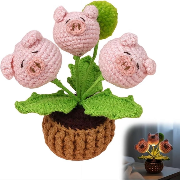 MORESEC Handcrafted Crochet Panda Night Light, Crocheted Animal Lamp with Flowers and Pot, Emotional Support Gift for Home Office Decor, Positive Handmade Knitting Doll for Nursery Bedroom