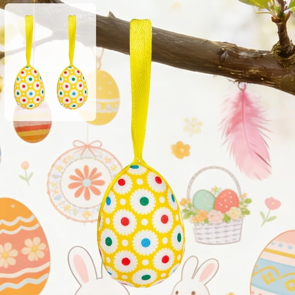 MORESEC Home 2Pcs 3.7x1.2in Fabric Wrapped Foam Easter Egg Ornaments Floral Plaid Holiday Hanging Decorations Easter