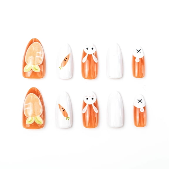 MORESEC Home 30Pcs Easter Short Almond Nail Art Pieces 3D Carrot Rabbit Design 30Pcs