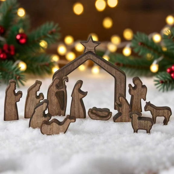 MORESEC Home Easter Wooden Nativity Scene Decoration Crafts Cute Wood Tabletop Ornament for Home Spring Display 7.9 Inch