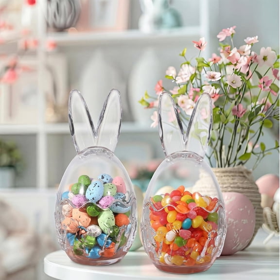 MORESEC Home Glass Jar with Bunny Ear Lid Easter Egg Shape Candy Food Storage Container Easter Decorations