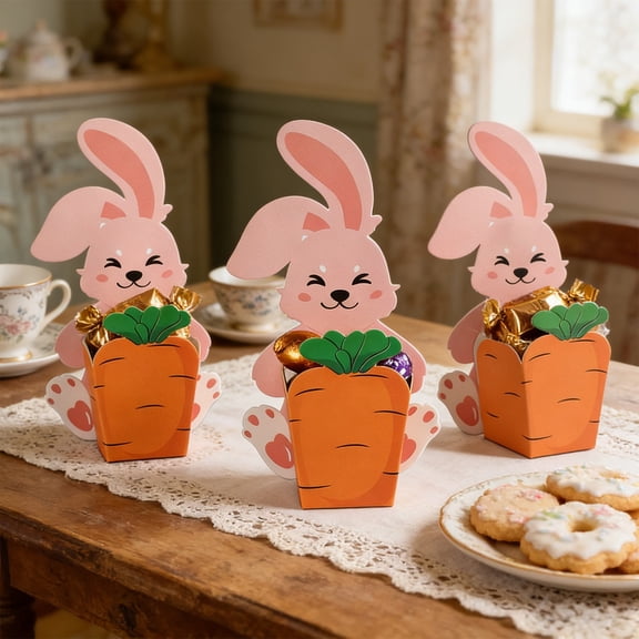 MORESEC Home Hand Folding Easter Cartoon Rabbits Candy Packaging Card 3D Box for Party Favor Chocolate Gift 10 Sheets per Bag 5.9 Inch