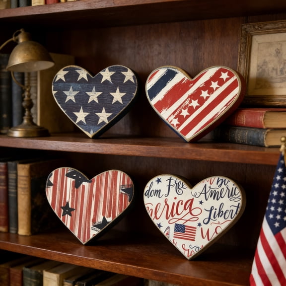 MORESEC Home Patriotic Wooden Heart Set of 4 Americana Decor Independence Day Table Centerpiece 4th of July Crafts 3.9x2.8x0.4in Multicolor