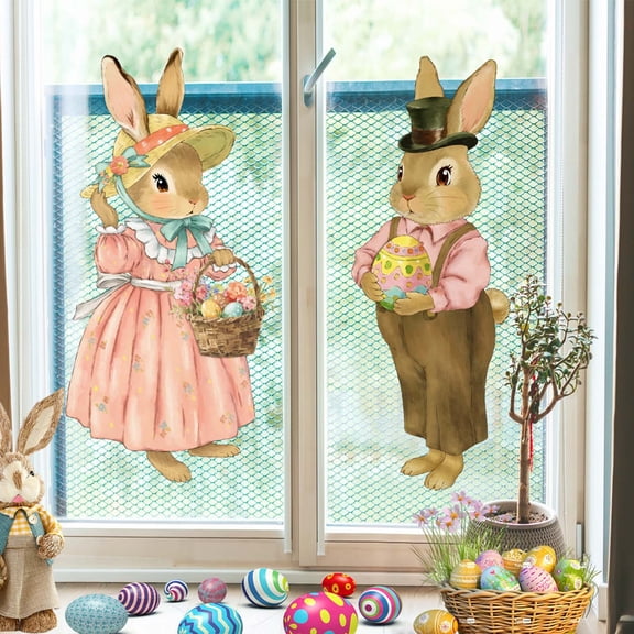 MORESEC Home Reusable Easter PVC Window Clings Stickers Set with Bunny Egg Flower Design for Glass Door Wall Holiday Decor