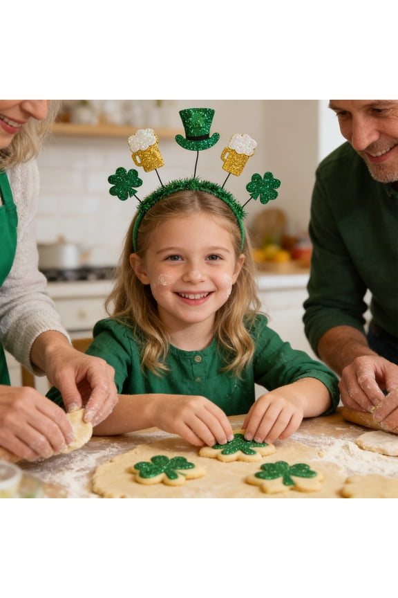Home St. Patrick's Day Trefoil Hair Bands Irish Party Courtesy Hair Bands, Green Plastic Headband with Glitter Clover Top Hat Decoration for Festive Wear