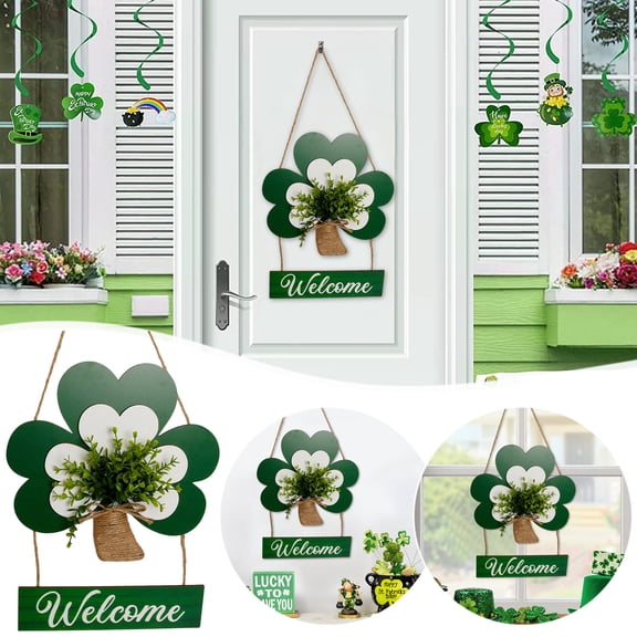 MORESEC Home St. Patrick's Day Wooden Clovers Welcome Plaques Faux Eucalyptus Shamrocks Hanging Sign, 58.5 cm Natural Wood Front Door Wall Decor